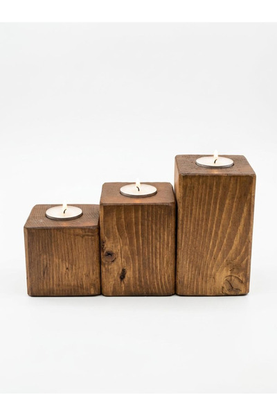 Doku Ahşap 3’lü Ahşap Mumluk Seti Dekoratif Masif Ahşap Tealight Mumluk Minim...