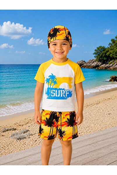 My Kids Wear Erkek Çocuk Dinozor Desenli Deniz Şortu Takımı – 3 Parça Mayo Se...