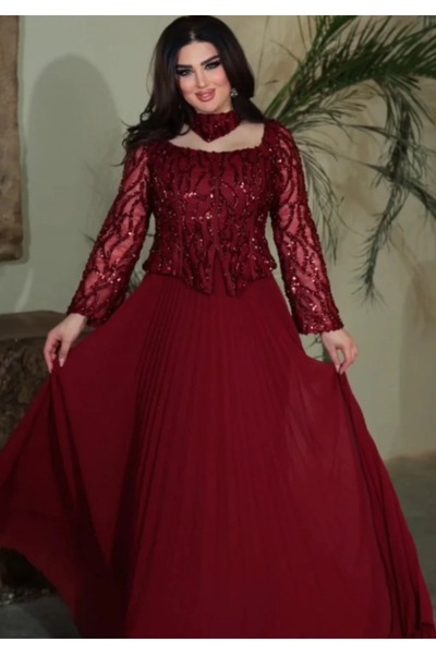 Nice Model Modest Evening Dress Long Sleeves Chiffon Pleated Sequin