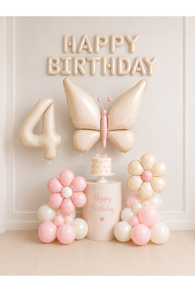 Balonsan Retro Cream Butterfly and Daisy -4- Numbered Happy Birthday Balloon Set