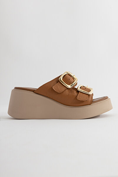 Rana Women's Tan Real Leather Buckle Slippers