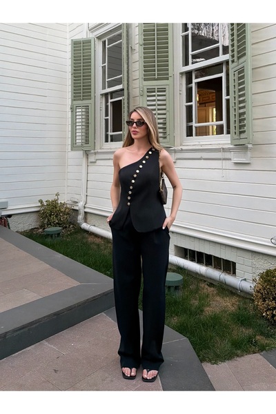 Laluvia Black Bologna Design Vest and Pants Set - 904348