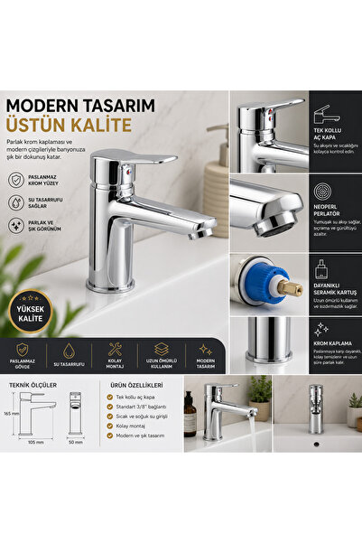 AGE YAPI Modern Banyo Lavabo Bataryası Paslanmaz Krom Musluk