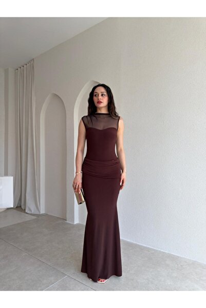 Mooi Butik DERCOS Maxi Elbise 5509 - Acı Kahve