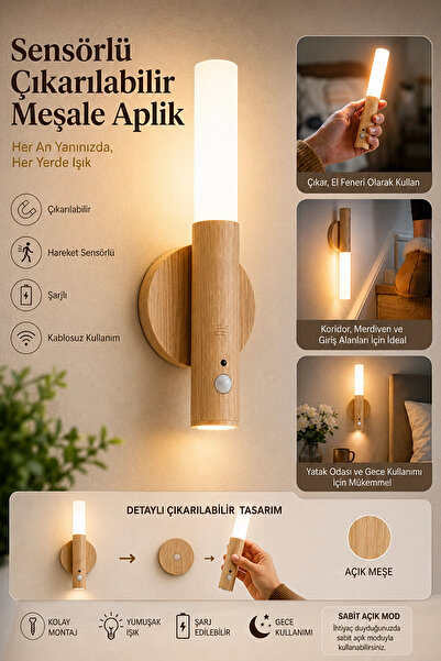Tilbe Home Sensörlü Çıkarılabilir Meşale Aplik Şarjlı LED Kablosuz Duvar Lamb...