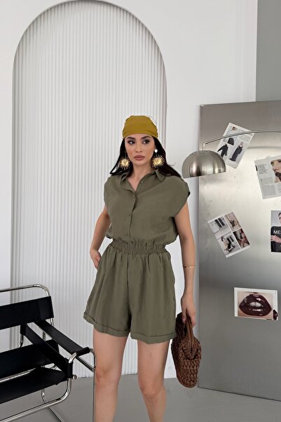 Serica Moda Haki Beli Lastikli Gömlek Yaka Tencel Kumaş Şortlu Tulum