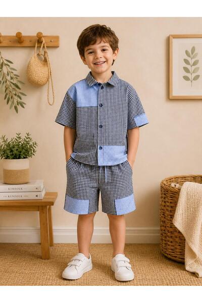 elzo collection Boy's Marine Plaid Checkered Shirt Shorts Set