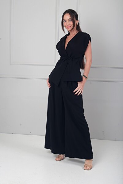 By Saygı Women's V-Neck Lined Vest High Waist Front Pleated Detailed Wide Leg...