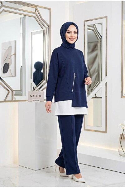 wishne Women's Zipper Detailed Garnished Double Suit Hijab Oshyo Set
