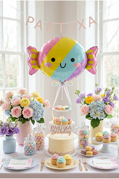 Partixa Şeker Figürlü Pastel Folyo Balon Doğum Günü Parti Süsleme Renkli Deko...