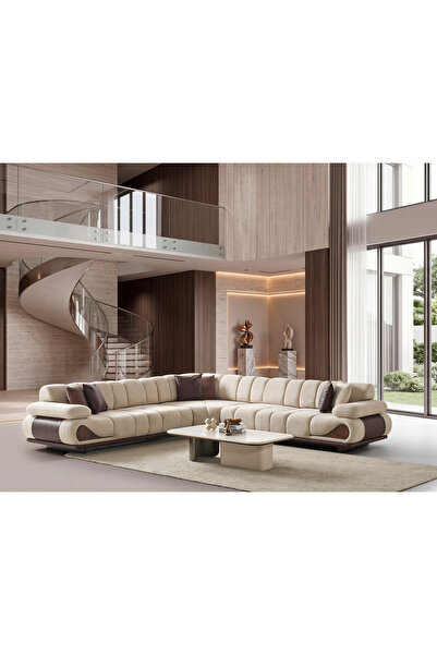 Evondi KREM MODERN KÖŞE KOLTUK 340*340 DERİ DETAYLI ŞIK TASARIM