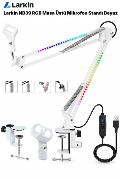 Larkin NB39 RGB Demir Masa Üstü Yayıncı Mikrofon Standı (BEYAZ-RGB) (35x35CM)