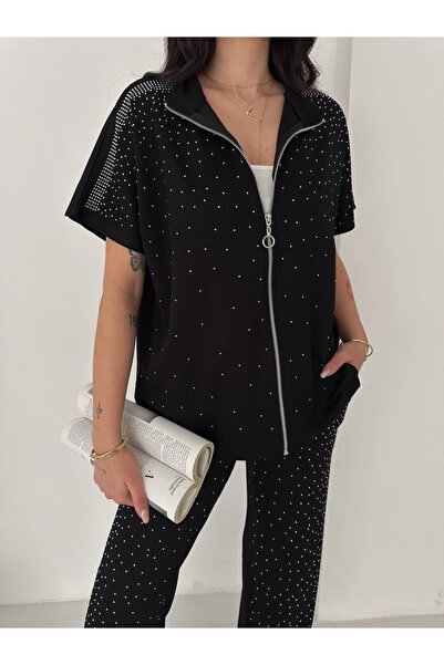 winmoda Kadın Komple Taş Detaylı Fermuarlı Yelek & Bol Paça Pantolon İkili Takım