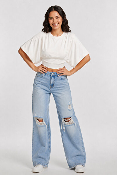 COTTONLAB Wide Sleeve Natural Viscose Blouse with Waist Detail