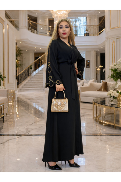 Yeşilmoda Women's Stone Embellished Shawl Detailed Abaya Set Islamic Clothing...