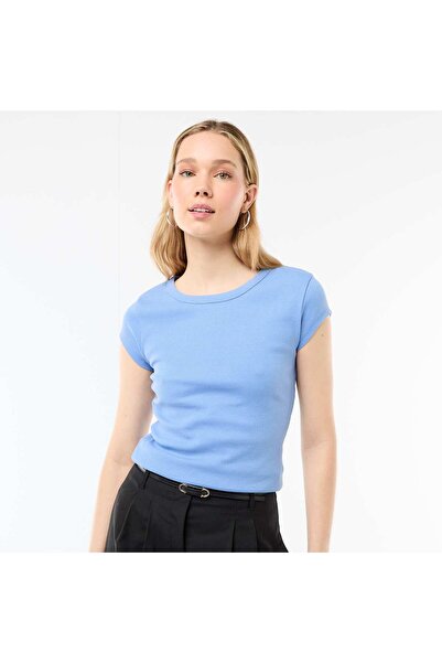 KIABI Ribbed Short-Sleeve Jersey T-Shirt BLUE