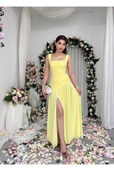 Caddebostan Moda Square Neckline Slit Detailed Maxi Length Evening Dress Grad...