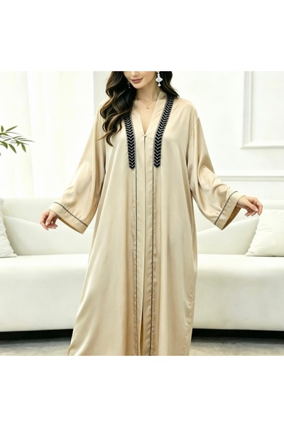 Bleco Luxury Contrast Embroidered Dubai Open Abaya, Satin Loose Modest Outerw...
