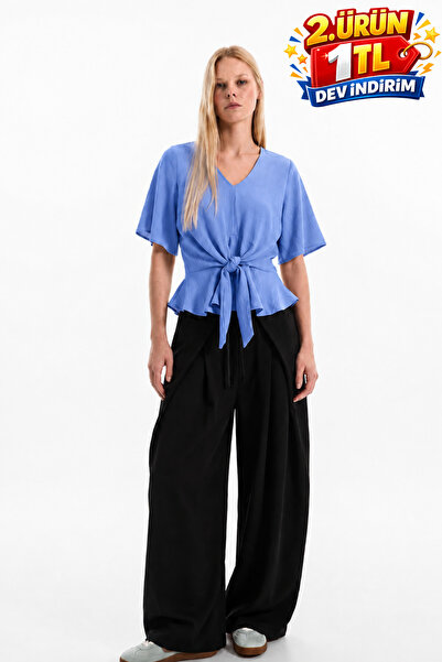 DAMGA JEANS Bluză albastră elegantă, cu șireturi, confort premium, pentru femei