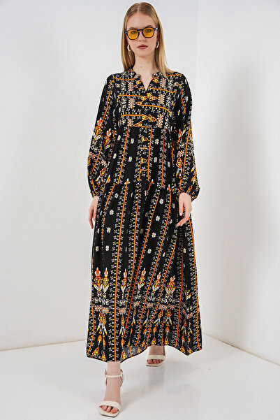 Merterium Women's Patterned Long Hijab Dress 1155 - N. Black