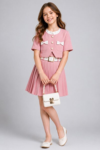 Riccotarz Girl's Ruffled Square Collar Ribbon Pocket Detailed Top with Elasti...