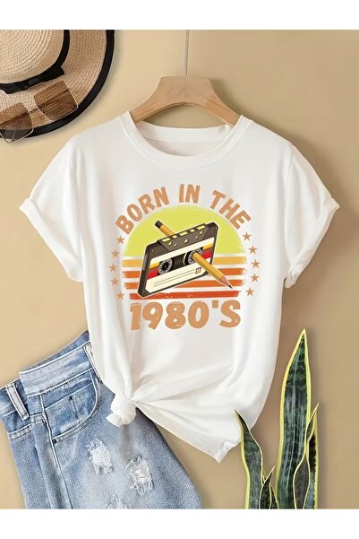 AEMİ Tricou unisex cu imprimeu „Born In 1980”, supradimensionat, cu guler rotund
