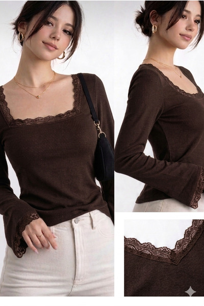 Lufthimm Women's Square Collar and Sleeves Lace Detailed Viscose Bluz