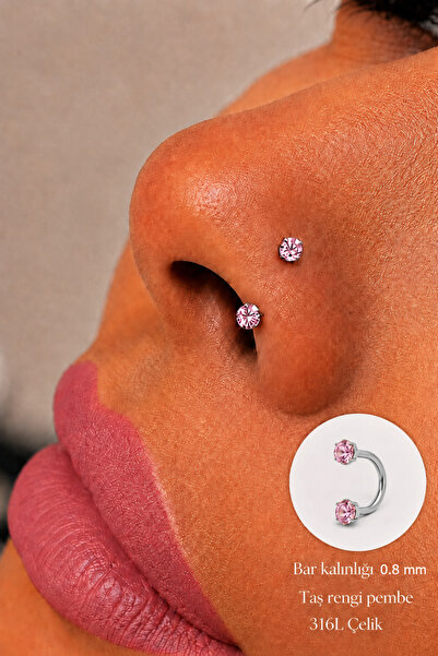 Sacce Scarves&Accessories Pembe Taşlı Yarım Halka Piercing 316L Çelik Burun H...