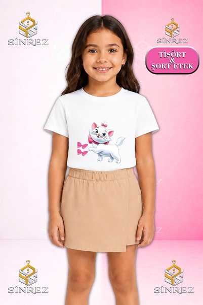 SİNREZ Set pentru fete CAT, BUTTERFLY, cu imprimeu, tricou cu mânecă scurtă, ...