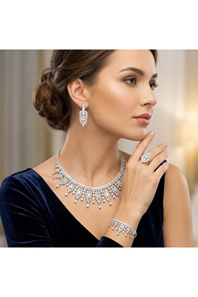 ILAN Luxury Shiny Zircon 4 Pcs Jewelry Set Necklace Earrings Bracelet Ring