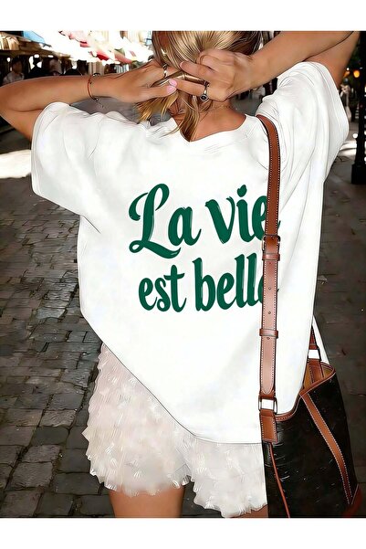 LELVANİ La Vie Est Belle Green Printed Women's T-Shirt