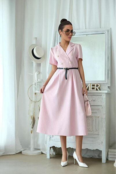 OEM Rochie midi eleganta dama cu dungi fine, cordon in talie si guler tip sac...