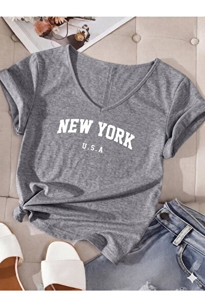BW Bravely Wear Γυναικείο μπλουζάκι με λαιμόκοψη V NEWYORK USA με στάμπα κανο...