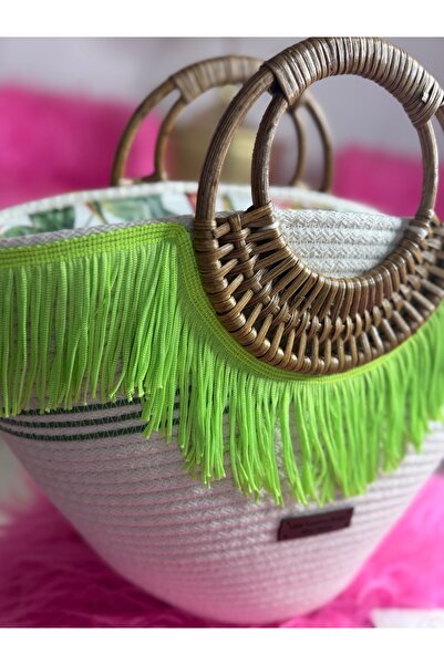 Little Sunshine Design Ahşap Kulplu Bohem Plaj Çantası | Neon Yeşil Püsküllü ...