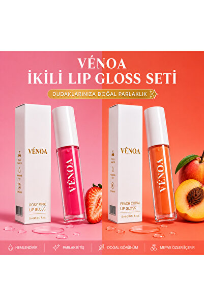 Venoa VÉNOA Rosy Pink & Peach Coral İkili Lip Gloss Seti 5 ml