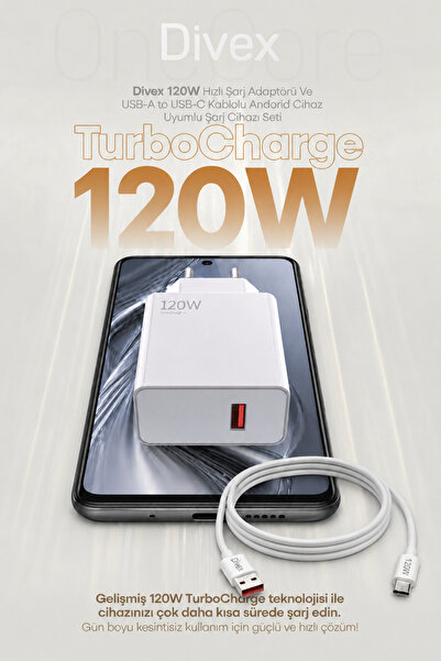 Divex 120W USB-A to USB-C Android Uyumlu Hızlı Şarj Adaptörü ve Kablo Seti