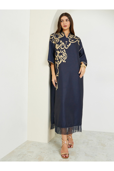 Amirah By Styli Navy Blue Printed Jalabiya with Tassel Trim