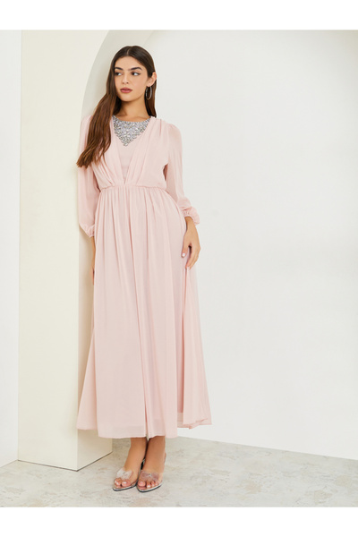 Styli Peach Embellished Long Sleeves Maxi Dress