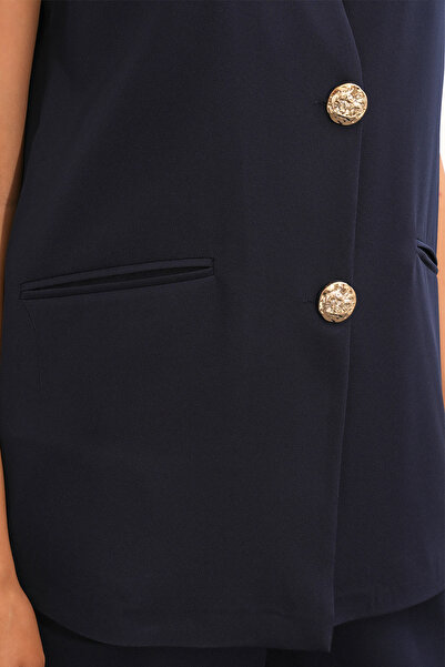 buğrahayalin Women's V-Neck Buttoned Vest Navy Blue Set
