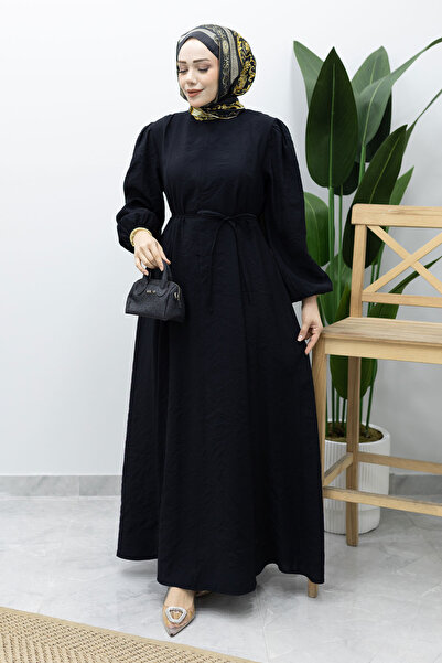 Tesettür Dünyası Lina Dress with Stitching and Lace Detail Tsd260223 Black