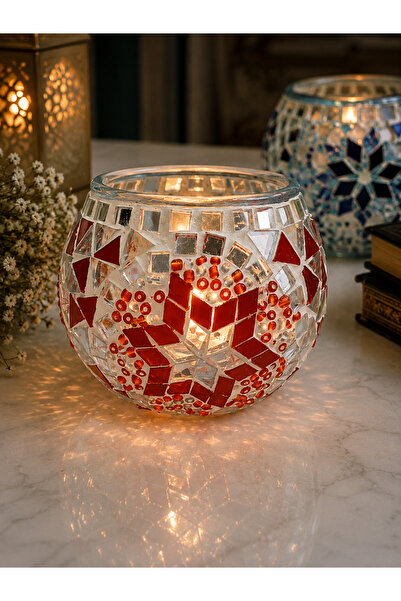 ARUZEN Turuncu Cam Mozaik Mumluk Dekoratif Tealight Mumluk El İşçiliği Görünü...