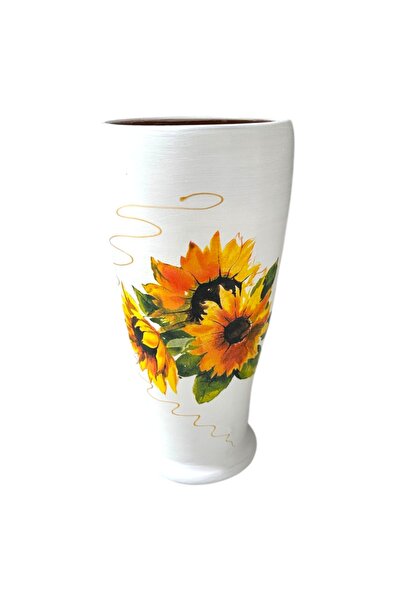 Ceramica Martinescu Vaza ceramica alba cu floarea-soarelui si detaliu aurit, ...
