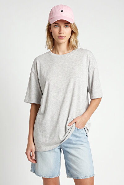Lovelyİstanbul Oversize osnovna rebrasta modalna majica LUB0361 SIVA MELANGE
