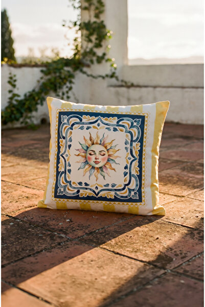 CANİLA Sunrite Sun Patterned Pastel Yellow Square Throw Pillow 43 X 43 cm Dou...