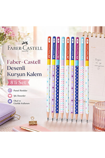 Faber Castell 8'li Desenli HB Kurşun Kalem Seti - Yıldızlı Kalpli Renkli Okul...