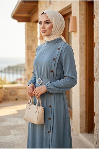 PALME D'OR Women's Modal Fabric Side Button Detailed Buckle Belted Hijab Dress