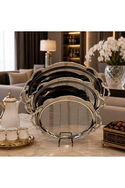 Generic 3-Piece Oval Tray Set in Different Sizes, Silver.. Modern Design Eleg...