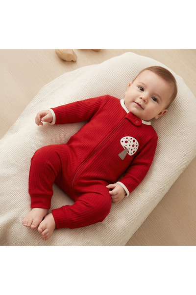 MIDIRIK ÇELEBİ bebe Mantar Aplike Detaylı %100 Pamuk Bebek Tulumu - Kırmızı F...