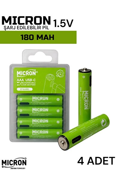 Micron AAA Şarj Edilebilir Pil 1.5V 180mAh USB Type-C Girişli İnce Kalem Pil ...