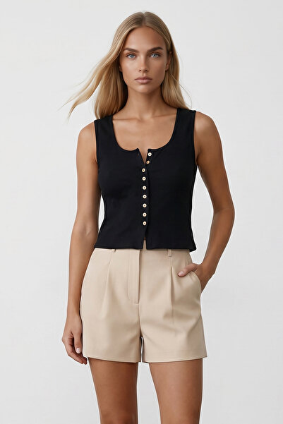 Trend Alaçatı Stili Women's Black U-Neck Strappy Buttoned Blouse Alc-X15539